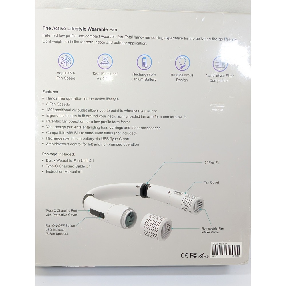 Blaux Wearable AC Plus Neckband Fan Portable New In Box‎ - Picture 5 of 5